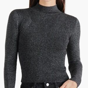 Steve Madden Serita Metallic Dark Gray Rib Mock Neck Sweater Silver Threads